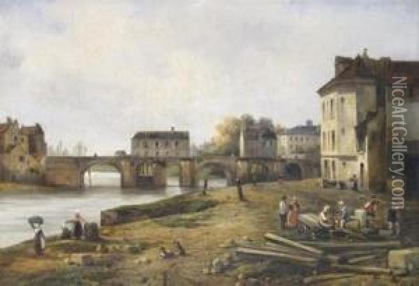 French Town Scene With Workers By A River Oil Painting - Pierre Justin Ouvrie