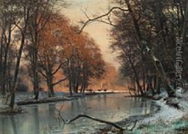 Winter Landscape With Deer By A Lake Oil Painting - Frederik Niels Martin Rohde
