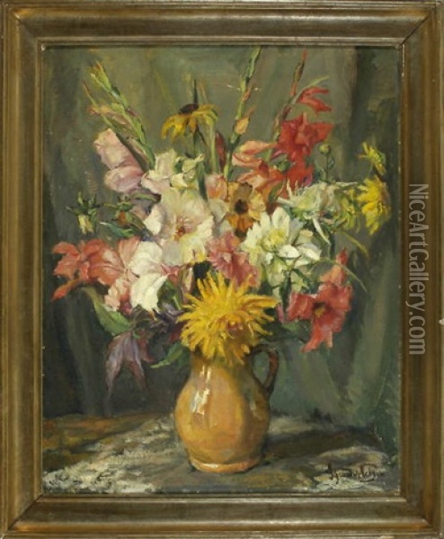 Sommerblumenstraus Mit Gladiolen Und Dahlien In Einem Krug Vor Dunklem Hintergrund Oil Painting - Carl Hans Schrader-Velgen
