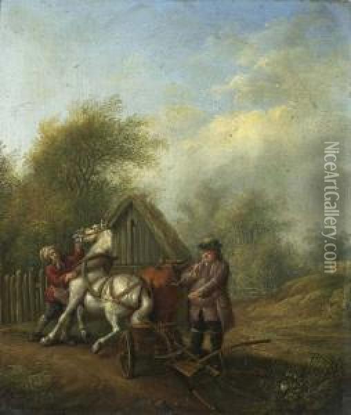 Gutsherr Und Knecht Mit Pflug. Oil Painting - Johann David Schubert