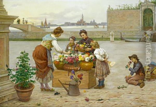 Venetian Flower Sellers Oil Painting - Antonio Paoletti