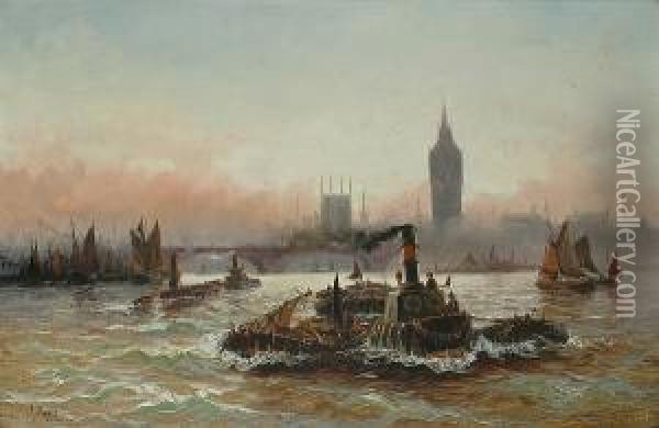 Shipping On The Thames, Big Ben And The Houses Of Parliament Beyond Oil Painting - Edwin Fletcher
