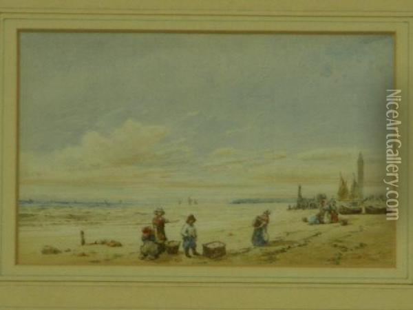 Beach Scene With Fisherfolk Oil Painting - John Callow