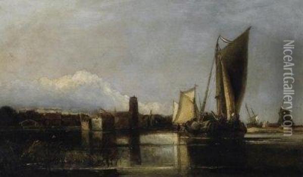 Evening In Front Of Dordrecht. Incoming Boats On The Water Oil Painting - Jacob Henricus Maris