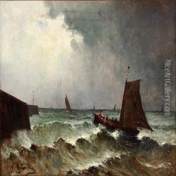 Coastal Scene With Sailing Ships In High Waves Oil Painting - Honore Nafraicheur