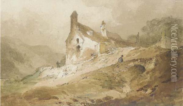 A Figure On A Bridge Below Cottages, Wales Oil Painting - John Sell Cotman