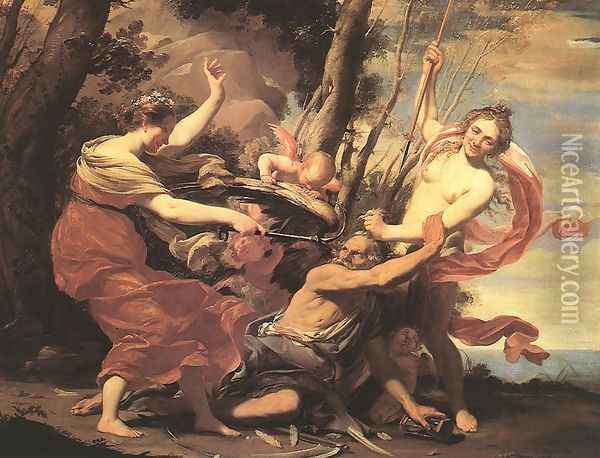 Father Time Overcome by Love, Hope and Beauty 1627 Oil Painting - Simon Vouet