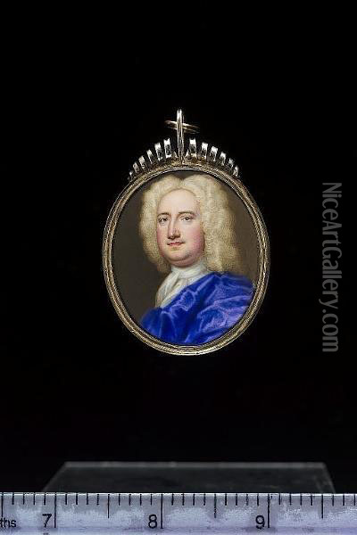 A Gentleman, Wearing Blue Cloak, White Cravat And Full-bottomed Powdered Wig Oil Painting - Christian Friedrich Zincke