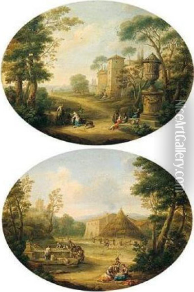 Southern Landscapes With Figures
 At A Fountain Near A Farm And Figures Resting Beside A Classical Urn On
 A Road Outside A Town Wall Oil Painting - Hendrik Frans Van Lint