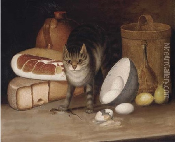 Ham, Cheese, Eggs, Lemons, With A Captured Mouse And Cat Oil Painting - George Smith of Chichester