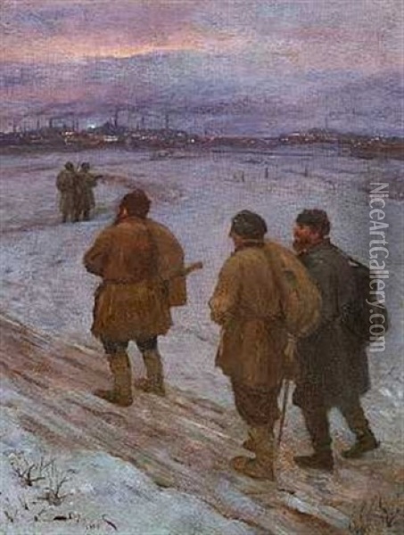 A Winter's Landscape With Vagrants Walking Towards A Big City Oil Painting - Vasili Dimitrievich Polenov