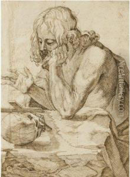 St Hilarion Of Cyprus Contemplating A Crucifix And Skull Oil Painting - Francisco Villamena