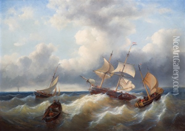 Ships In A Choppy Sea Oil Painting - George Willem Opdenhoff