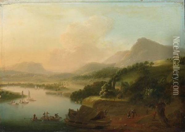 An Extensive River Landscape With Merchants Unloading Their Cargo, Travellers To The Foreground Oil Painting - Christian Georg Schuetz the Younger