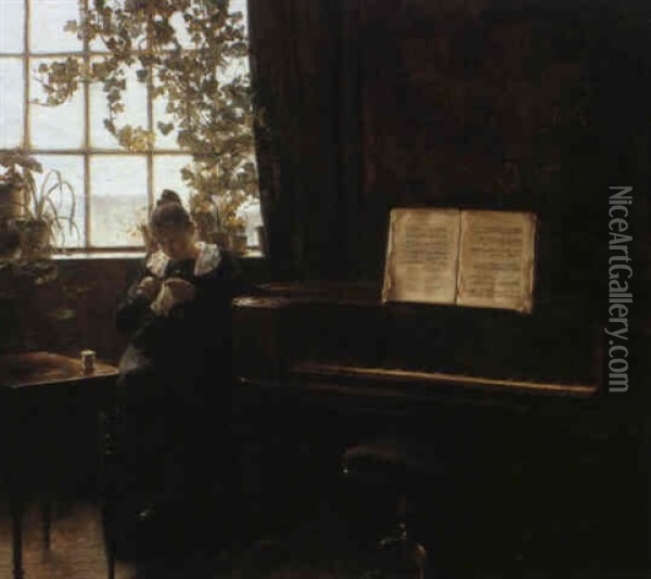 Girl Knitting By The Window Oil Painting - Carl Vilhelm Holsoe