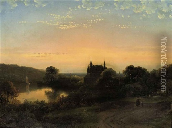 A Castle In A Wooded River Landscape At Sunset Oil Painting - Jacobus Augustinus De Rijk