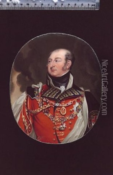 Frederick, Duke Of York And Albany, Wearing Field Marshal's Scarlet Uniform, White Silk Lined Black Velvet Mantle, Collar And Breast Star Of The Order Of The Garter (after Sir Thomas Lawrence) Oil Painting - Henry Bone