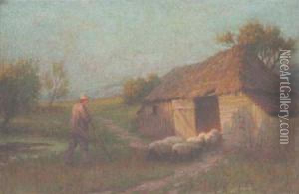Sheep Barn Oil Painting - Benjamin B. Morgan