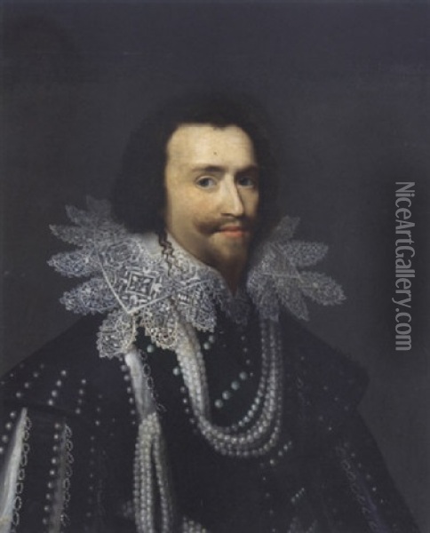Portrait Of George Villiers, 1st Duke Of Buckingham, Wearing A Black Costume Adorned With Pearls And A White Lace Collar Oil Painting - Cornelis Jonson Van Ceulen