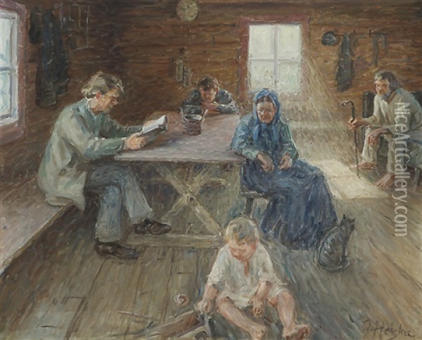Peaceful Moment In A Farmer's Cabin Oil Painting - Jonas Heiska
