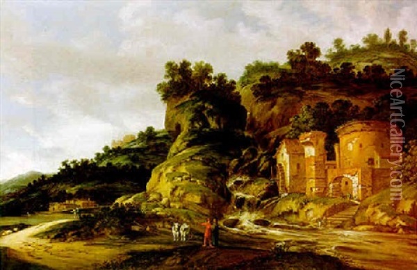 Hilly Landscape With Cincinnatus Being Called To Rome Oil Painting - Jacob Sibrandi Mancadan