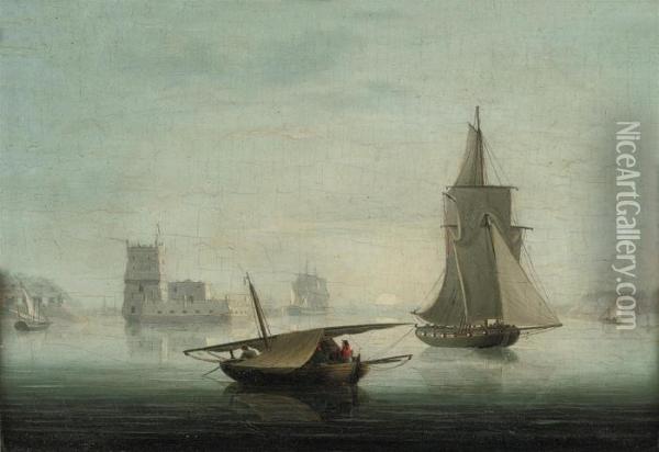 An Armed Cutter And Other Shipping Before The Belem Tower On The Tagus Oil Painting - Thomas Buttersworth