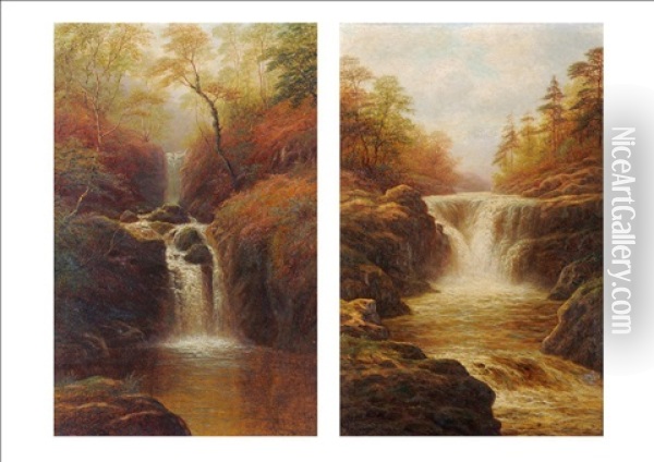 Upper Falls Rydal Ghyll, Rydal, Westmorland (+ Skelwith Force, Nr Ambleside, Westmorland; Pair) Oil Painting - William Mellor