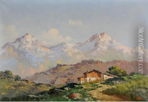 Grande Paesaggio Con Montagne Innevate Oil Painting - Ermanno Clara