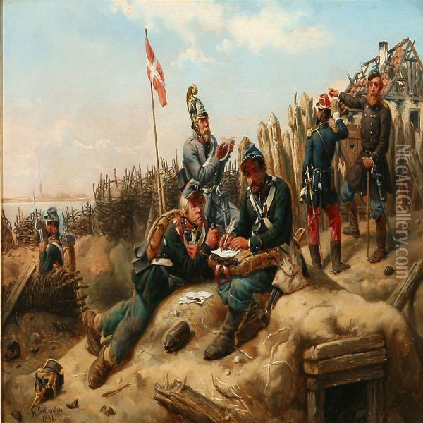 Scene From The First Schleswig War With Danish Soldierswriting Letters Home Oil Painting - Niels Simonsen