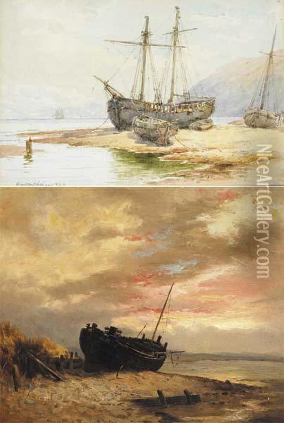 Beached Sailing Craft And Beached Fishing Smack (a Pair) Oil Painting - Alexander Williams