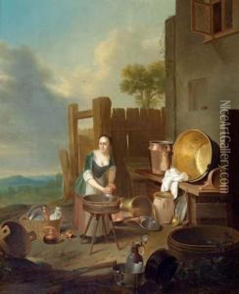 Washerwomen Before A House. Oil Painting - Justus Juncker