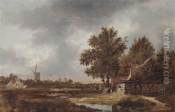 A Haarlem Landscape With Figures Working In The Bleeching Fields, A Village And Windmills Beyond Oil Painting - Anthonie Van Borssom