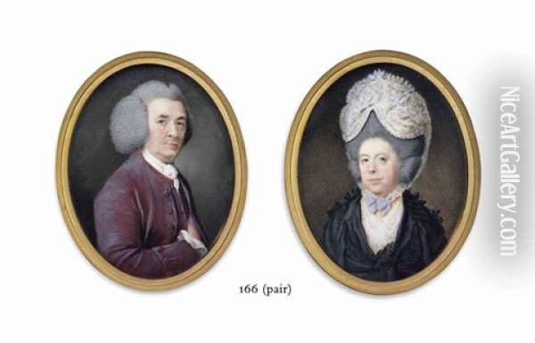 A Gentleman, In Purple Coat And Waistcoat And White Shirt And Cravat, Powdered Wig; A Lady, In A Black Silk Dress (pair) Oil Painting - Samuel Cotes