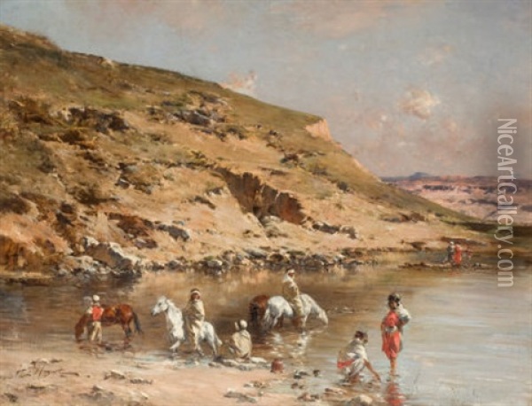 Baignade De Chevaux (algerian Caravan Bathing Horses Against A Rocky Landscape) Oil Painting - Victor Pierre Huguet