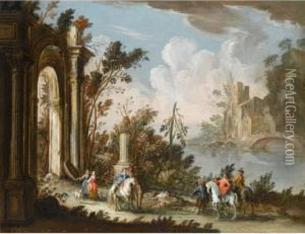 River Landscape With Cavaliers 
Conversing Before Ruins A Bridge And A House 
Beyond Oil Painting - Gherardo Poli