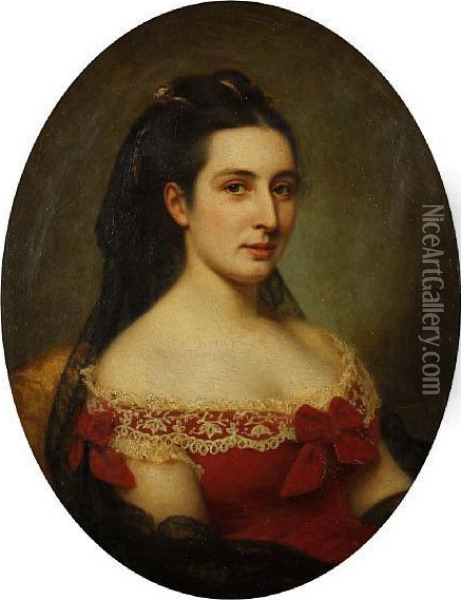 Portrait Of A Lady, Bust Length, In A Red Dress With Lace Trim Oil Painting - Phillipe Felix Dupuis