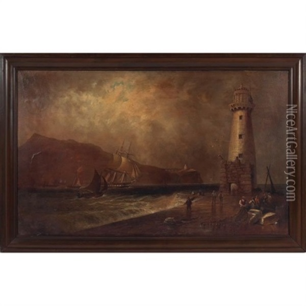 Fisherman And Lighthouse Oil Painting - Granville Perkins