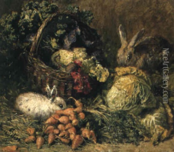 Zwei Kaninchen Bei Einem Gem_sekorb Oil Painting - Anna Peters