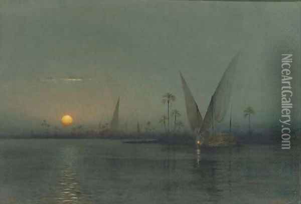 Feluccas on the Nile by moonlight Oil Painting - William Ashton