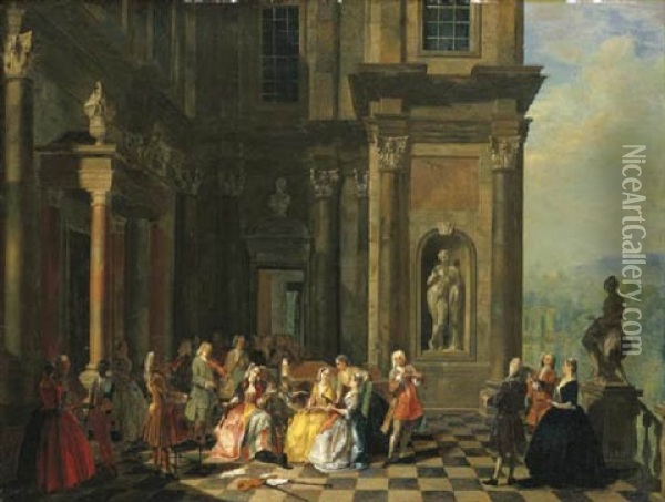 A Musical Party On The Terrace Of A Classical Mansion Oil Painting - Joseph Frans Nollekens