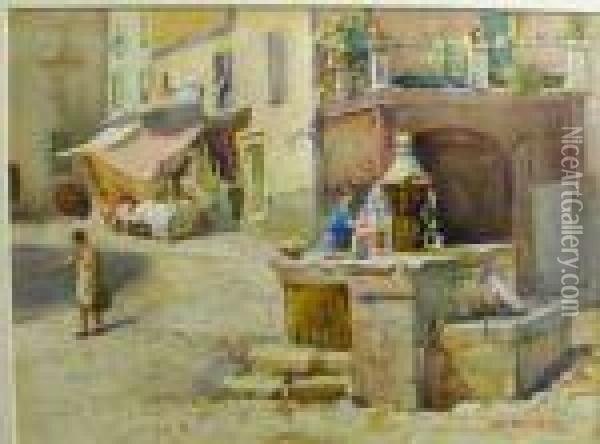 Italian Street Scene With Figure At A Fountain Oil Painting - Rose Mead