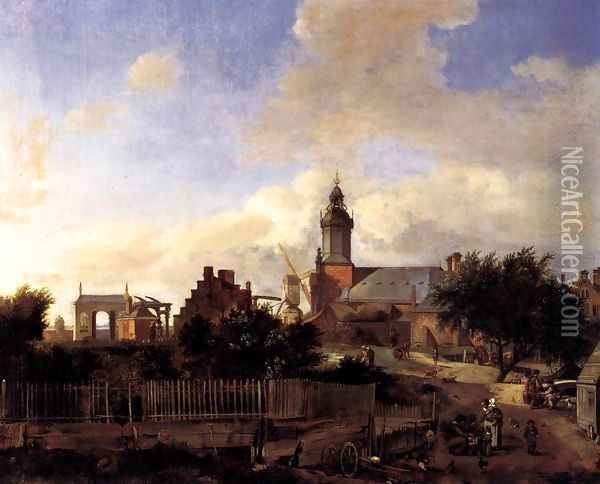 Amsterdam Street before Haarlem Tower Oil Painting - Jan Van Der Heyden