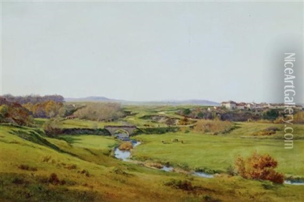 Weite Weidenlandschaft Mit Einem Kleinen Dorf Oil Painting - Jean Ferdinand Monchablon