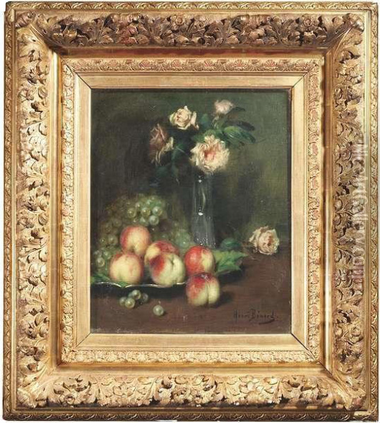 Still Life With Peaches, Grapes And White Roses In A Vase Oil Painting - Henri Benard