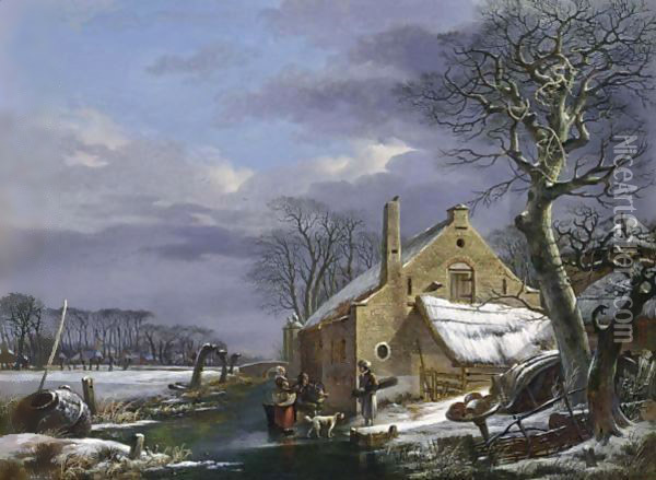 A Winter Landscape With Figures And A Dog On A Frozen Ditch Near A Farmhouse, A Village In The Background Oil Painting - Arnoldus Van Well Dordrecht