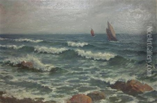 Boats Off Shore Oil Painting - William C. Adam