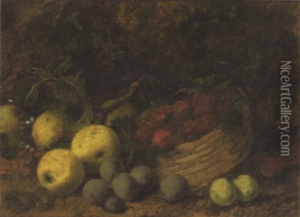 Still Life Of Apple, Plums And Strawberries In A Basket Oil Painting - George Clare