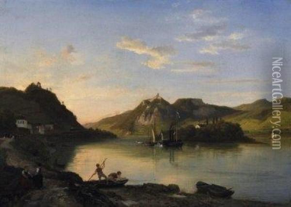 Evening Mood In Front Of The Nonnenwerth Island By The Rhine. Fisherboys And Their Boats. Signed And Dated Lower Left: W. Klein 1863 Oil Painting - Wilhelm Klein