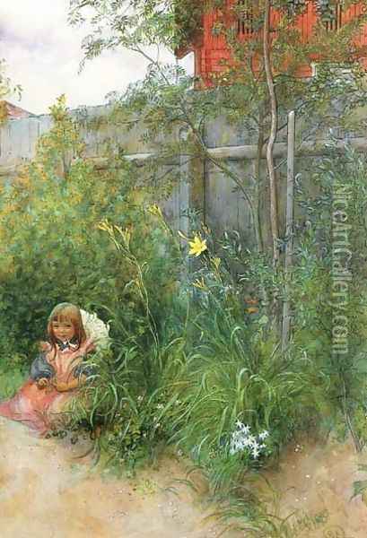 Brita In The Flowerbed Oil Painting - Carl Larsson