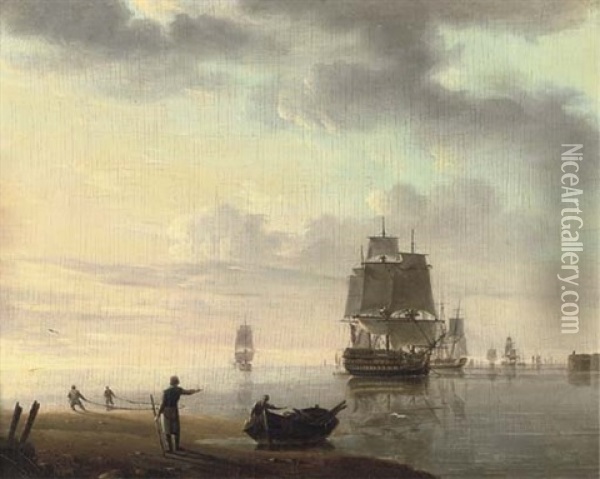 Men-o'war And Other Shipping In An Offshore Anchorage (+ Running Inshore In A Gale; Pair) Oil Painting - Johannes Hermanus Koekkoek